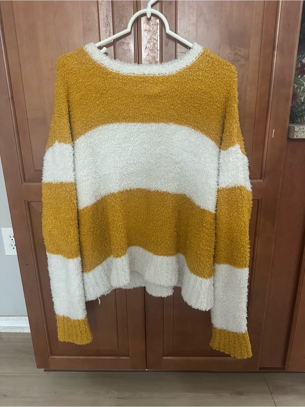 MELLODAY Mustard & Cream Striped Plush Crewneck Sweater